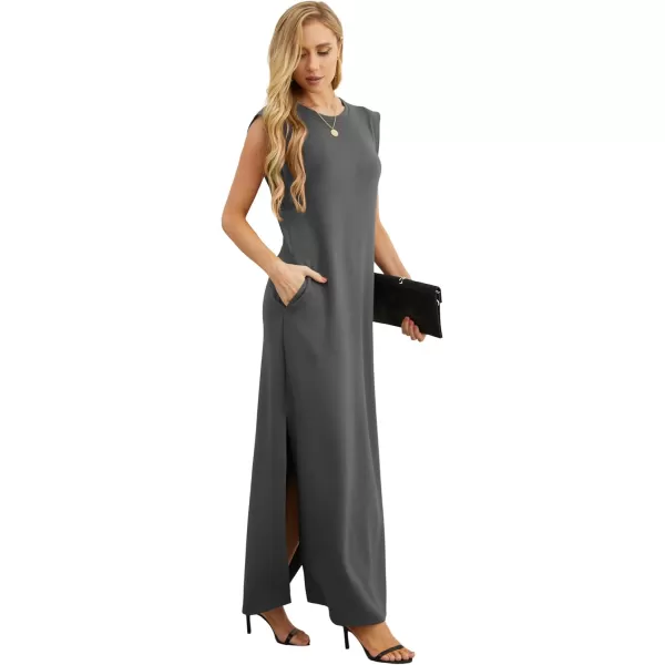 GRECERELLE 2024 Women Summer Crew Neck Casual Loose Split Wrinkle-Free Long Maxi Beach Dress with Pockets