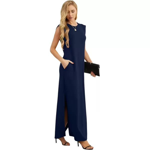 GRECERELLE 2024 Women Summer Crew Neck Casual Loose Split Wrinkle-Free Long Maxi Beach Dress with Pockets