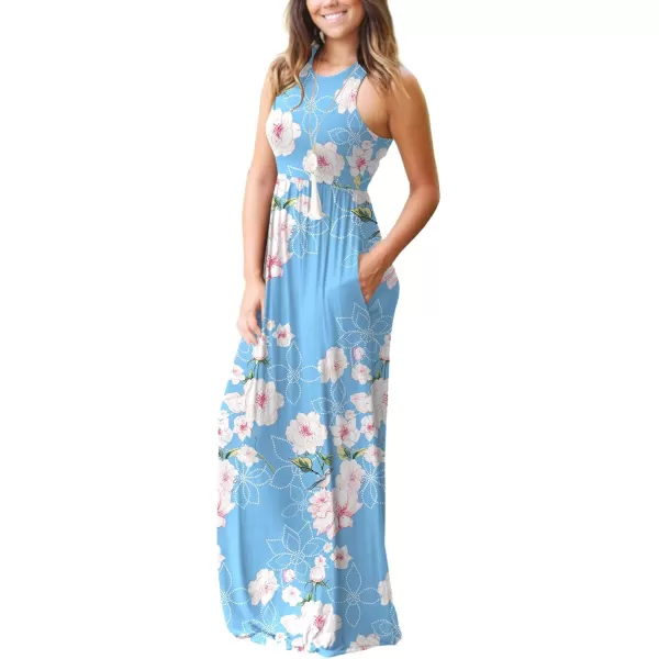 GRECERELLE Women's Sleeveless Racerback Maxi Dress Floral Print Casual Long Dresses with Pockets