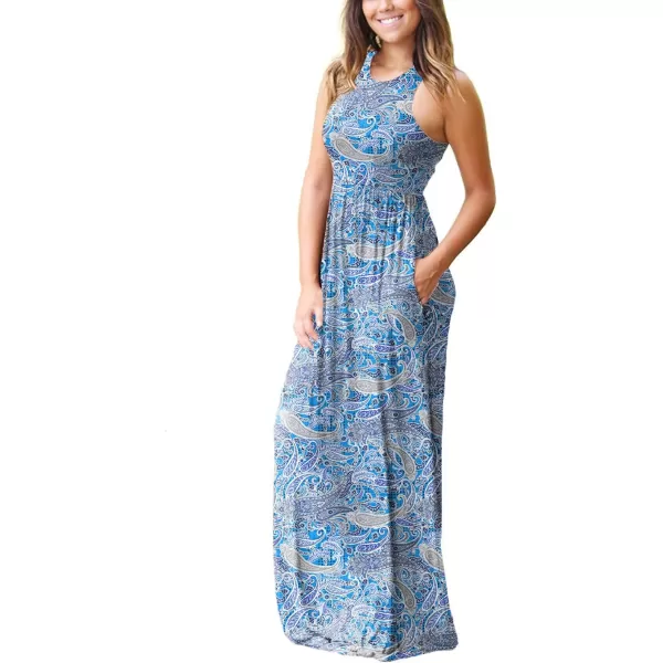 GRECERELLE Women's Sleeveless Racerback Maxi Dress Floral Print Casual Long Dresses with Pockets