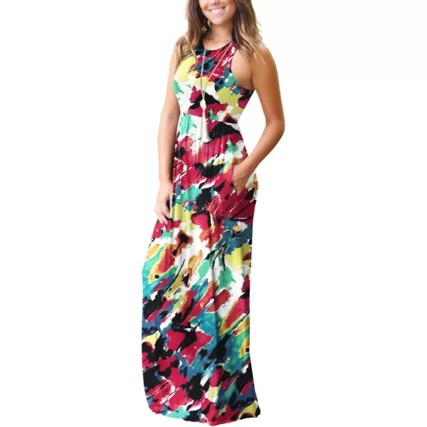 GRECERELLE Women's Sleeveless Racerback Maxi Dress Floral Print Casual Long Dresses with Pockets