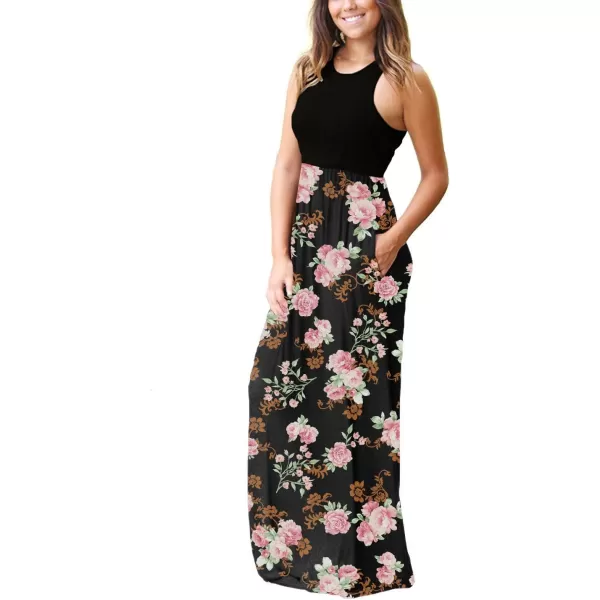 GRECERELLE Women's Sleeveless Racerback Maxi Dress Floral Print Casual Long Dresses with Pockets