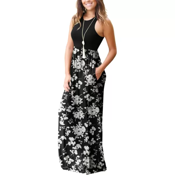 GRECERELLE Women's Sleeveless Racerback Maxi Dress Floral Print Casual Long Dresses with Pockets