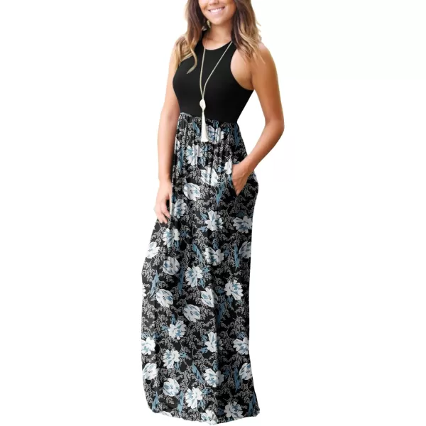 GRECERELLE Women's Sleeveless Racerback Maxi Dress Floral Print Casual Long Dresses with Pockets