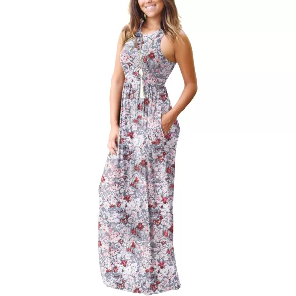 GRECERELLE Women's Sleeveless Racerback Maxi Dress Floral Print Casual Long Dresses with Pockets