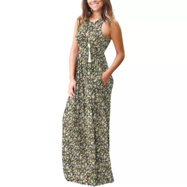 GRECERELLE Women's Sleeveless Racerback Maxi Dress Floral Print Casual Long Dresses with Pockets