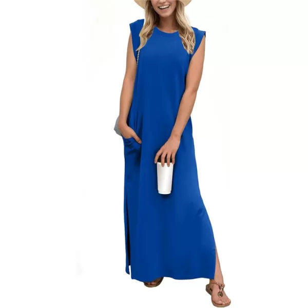 GRECERELLE 2024 Women Summer Crew Neck Casual Loose Split Wrinkle-Free Long Maxi Beach Dress with Pockets