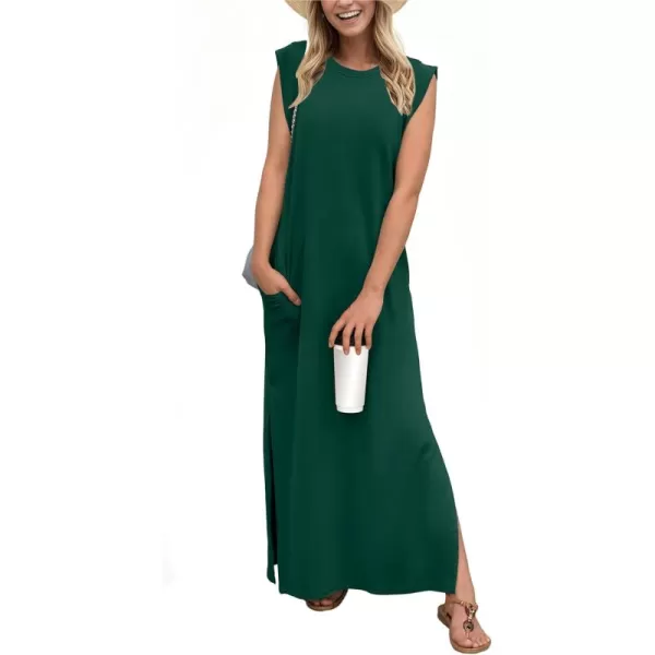 GRECERELLE 2024 Women Summer Crew Neck Casual Loose Split Wrinkle-Free Long Maxi Beach Dress with Pockets