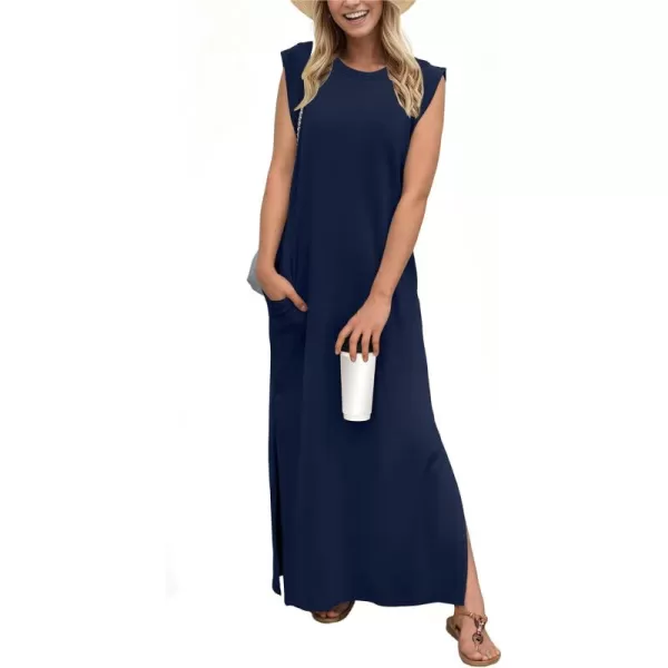 GRECERELLE 2024 Women Summer Crew Neck Casual Loose Split Wrinkle-Free Long Maxi Beach Dress with Pockets