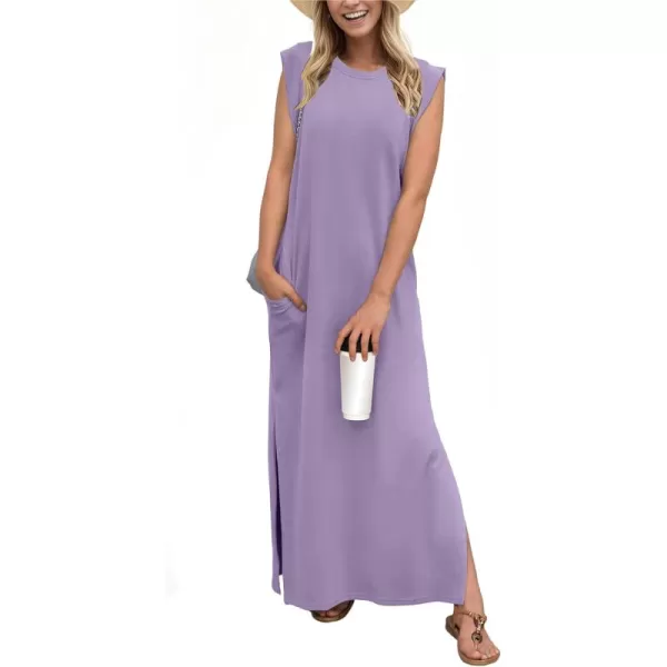 GRECERELLE 2024 Women Summer Crew Neck Casual Loose Split Wrinkle-Free Long Maxi Beach Dress with Pockets