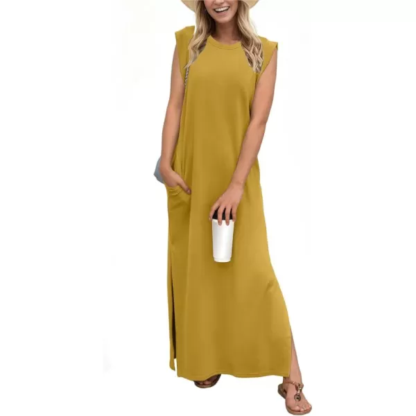GRECERELLE 2024 Women Summer Crew Neck Casual Loose Split Wrinkle-Free Long Maxi Beach Dress with Pockets