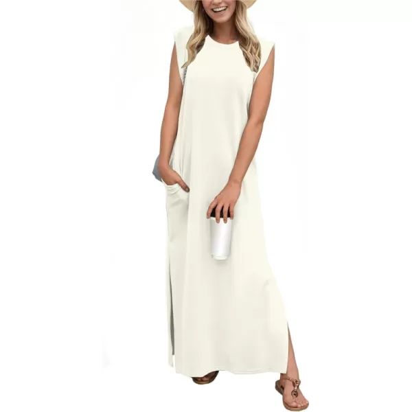 GRECERELLE 2024 Women Summer Crew Neck Casual Loose Split Wrinkle-Free Long Maxi Beach Dress with Pockets