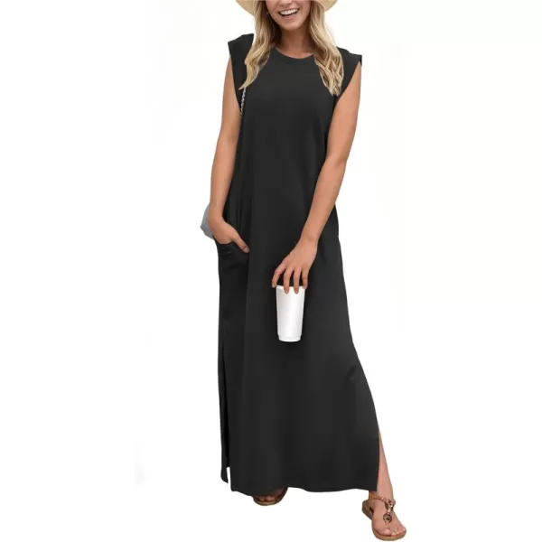 GRECERELLE 2024 Women Summer Crew Neck Casual Loose Split Wrinkle-Free Long Maxi Beach Dress with Pockets