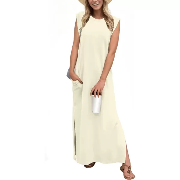 GRECERELLE 2024 Women Summer Crew Neck Casual Loose Split Wrinkle-Free Long Maxi Beach Dress with Pockets