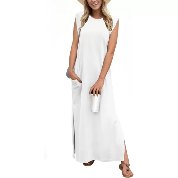 GRECERELLE 2024 Women Summer Crew Neck Casual Loose Split Wrinkle-Free Long Maxi Beach Dress with Pockets