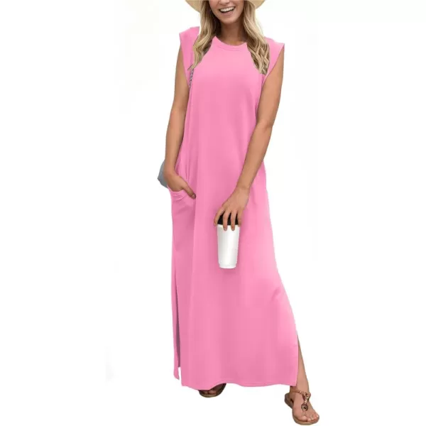 GRECERELLE 2024 Women Summer Crew Neck Casual Loose Split Wrinkle-Free Long Maxi Beach Dress with Pockets