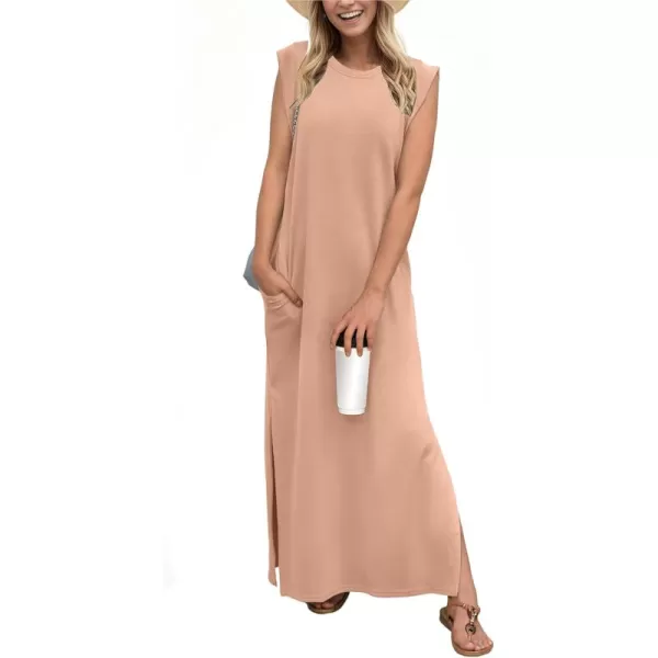 GRECERELLE 2024 Women Summer Crew Neck Casual Loose Split Wrinkle-Free Long Maxi Beach Dress with Pockets