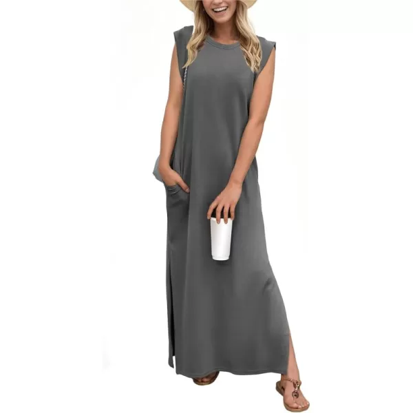 GRECERELLE 2024 Women Summer Crew Neck Casual Loose Split Wrinkle-Free Long Maxi Beach Dress with Pockets