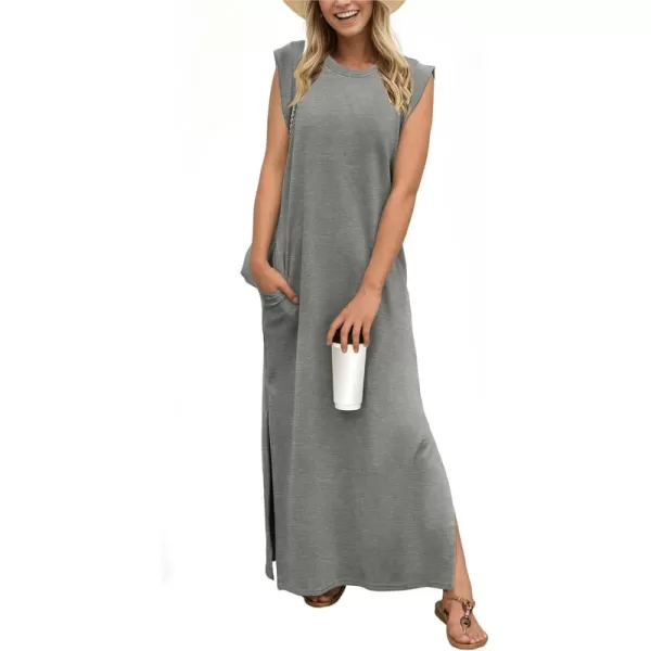 GRECERELLE 2024 Women Summer Crew Neck Casual Loose Split Wrinkle-Free Long Maxi Beach Dress with Pockets