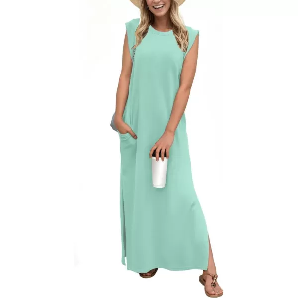 GRECERELLE 2024 Women Summer Crew Neck Casual Loose Split Wrinkle-Free Long Maxi Beach Dress with Pockets