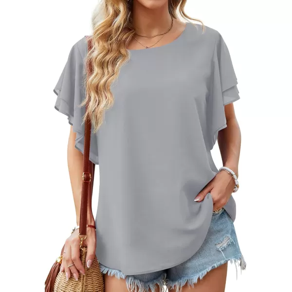 GRECERELLE Summer Tops for Women Dressy Casual Flowy Chiffon Blouse Double Ruffle Short Sleeve 2022