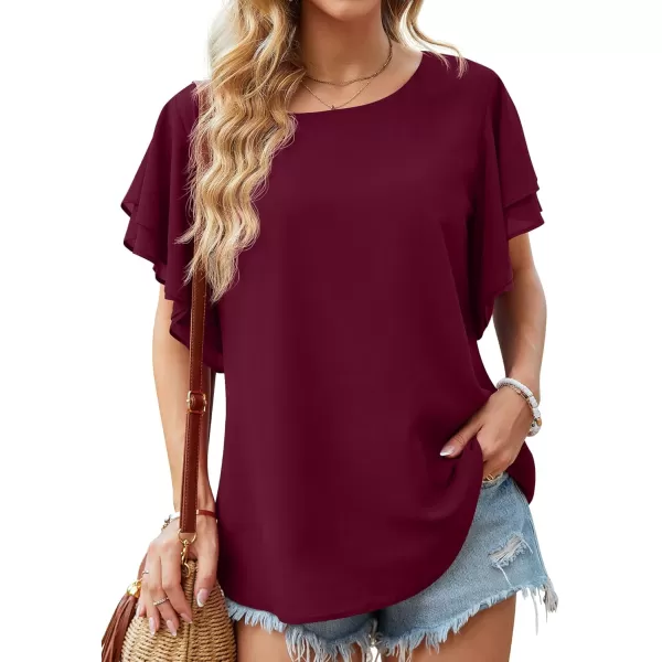 GRECERELLE Summer Tops for Women Dressy Casual Flowy Chiffon Blouse Double Ruffle Short Sleeve 2022