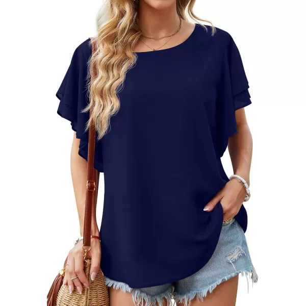 GRECERELLE Summer Tops for Women Dressy Casual Flowy Chiffon Blouse Double Ruffle Short Sleeve 2022