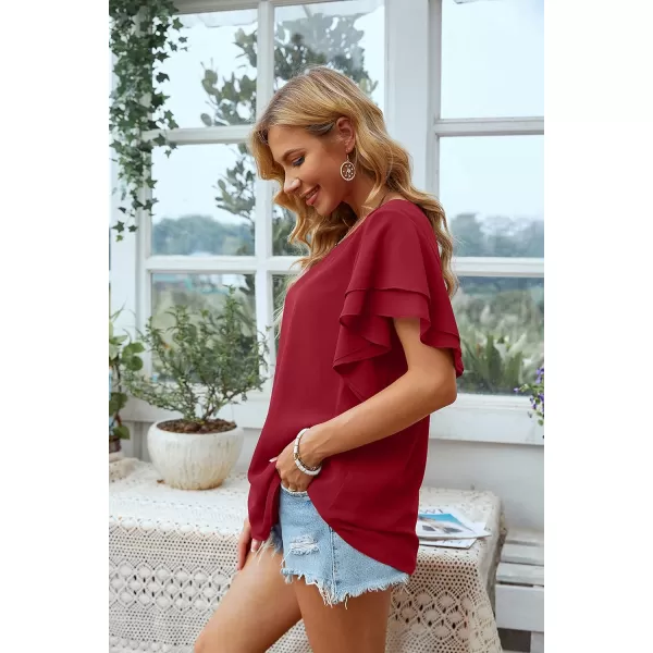 GRECERELLE Summer Tops for Women Dressy Casual Flowy Chiffon Blouse Double Ruffle Short Sleeve 2022