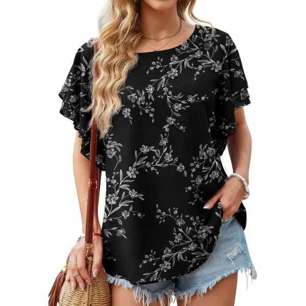 GRECERELLE Summer Tops for Women Dressy Casual Flowy Chiffon Blouse Double Ruffle Short Sleeve 2022