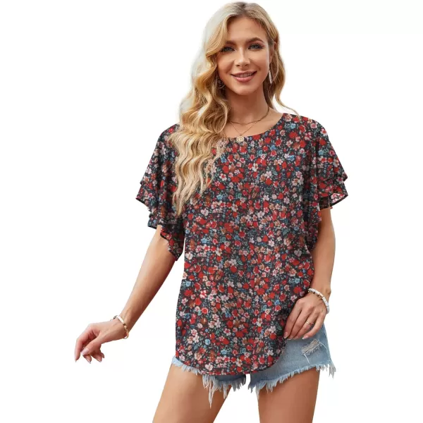 GRECERELLE Summer Tops for Women Dressy Casual Flowy Chiffon Blouse Double Ruffle Short Sleeve 2022