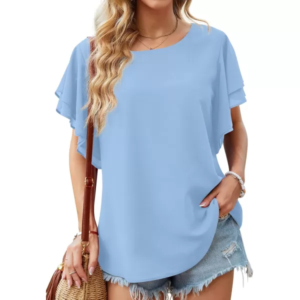 GRECERELLE Summer Tops for Women Dressy Casual Flowy Chiffon Blouse Double Ruffle Short Sleeve 2022
