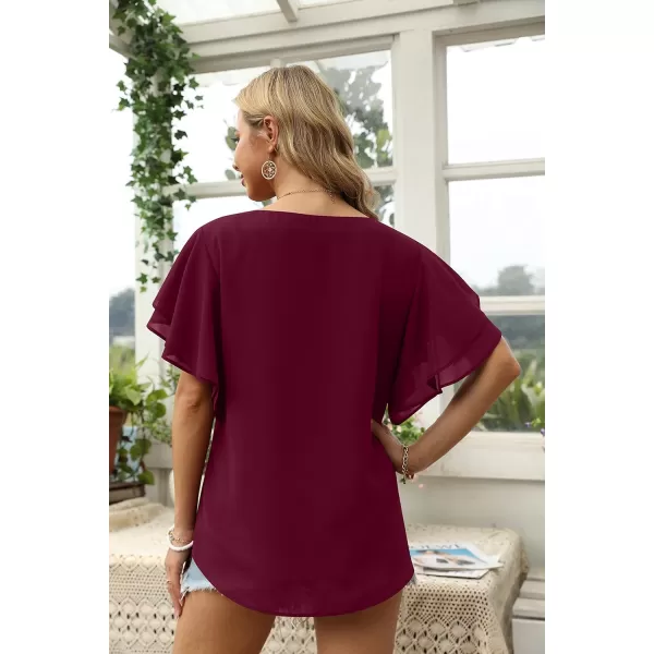 GRECERELLE Summer Tops for Women Dressy Casual Flowy Chiffon Blouse Double Ruffle Short Sleeve 2022