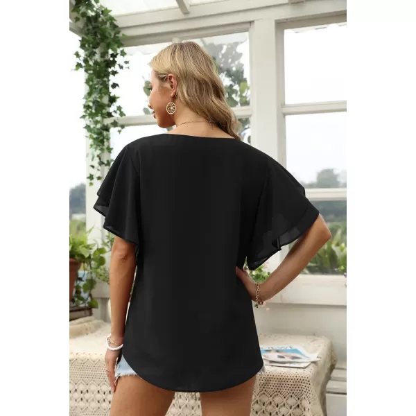 GRECERELLE Summer Tops for Women Dressy Casual Flowy Chiffon Blouse Double Ruffle Short Sleeve 2022