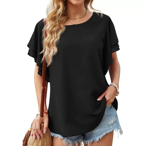 GRECERELLE Summer Tops for Women Dressy Casual Flowy Chiffon Blouse Double Ruffle Short Sleeve 2022