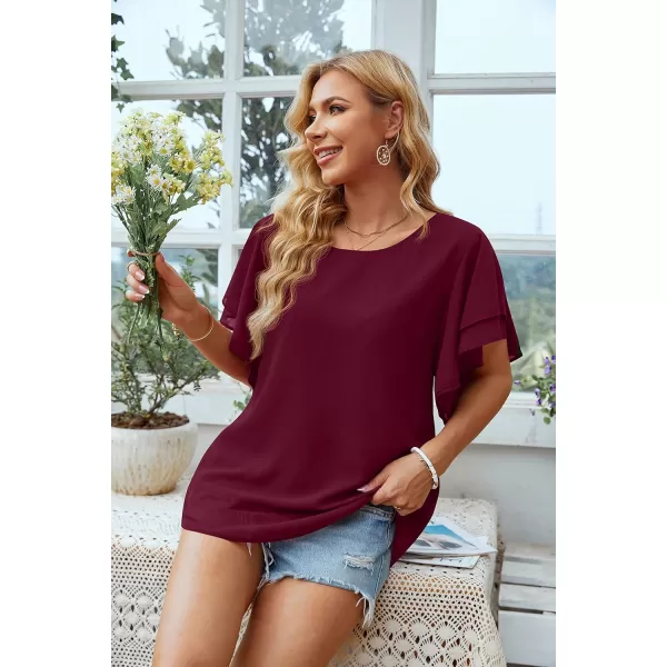 GRECERELLE Summer Tops for Women Dressy Casual Flowy Chiffon Blouse Double Ruffle Short Sleeve 2022