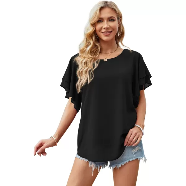 GRECERELLE Summer Tops for Women Dressy Casual Flowy Chiffon Blouse Double Ruffle Short Sleeve 2022