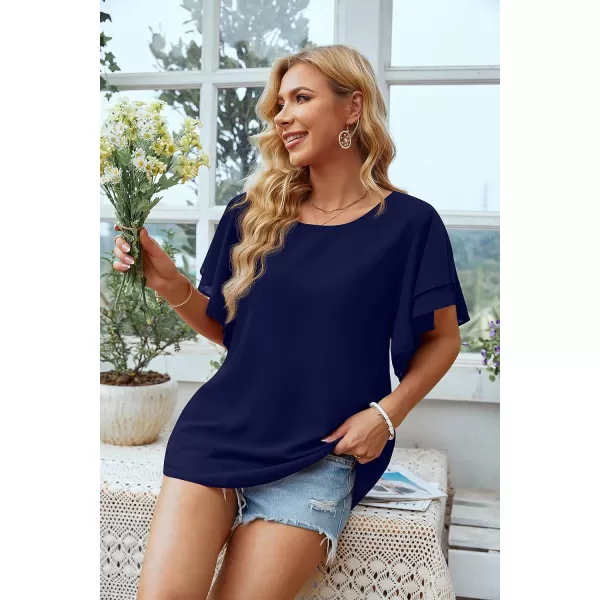 GRECERELLE Summer Tops for Women Dressy Casual Flowy Chiffon Blouse Double Ruffle Short Sleeve 2022