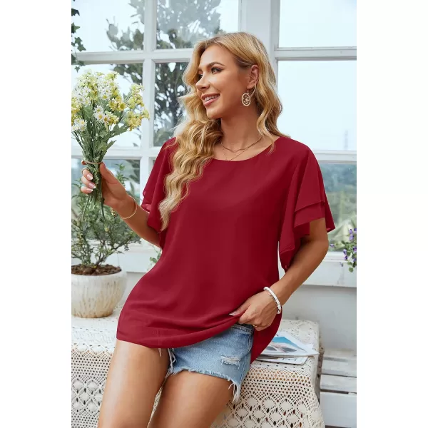 GRECERELLE Summer Tops for Women Dressy Casual Flowy Chiffon Blouse Double Ruffle Short Sleeve 2022