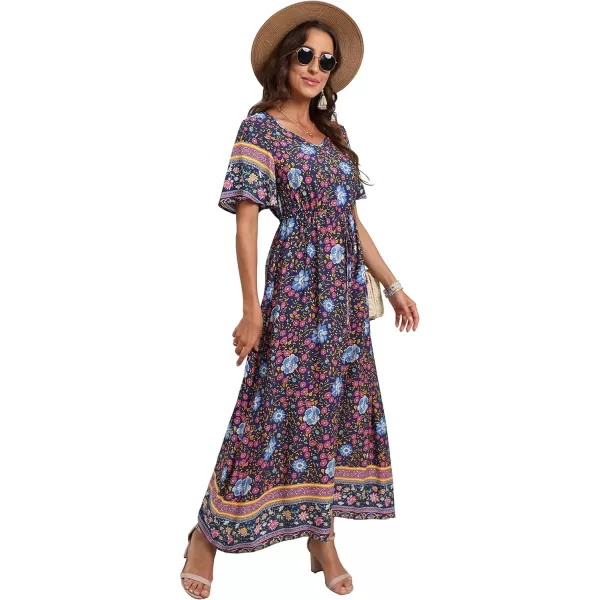 GRECERELLE Women Boho Summer Floral Print Loose Casual Dress V Neck Short Sleeve Drawstring Waist Flowy Long Maxi Dresses