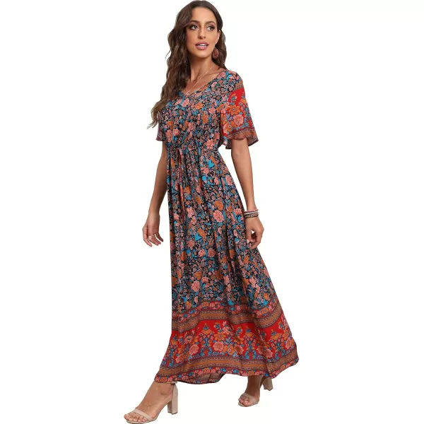 GRECERELLE Women Boho Summer Floral Print Loose Casual Dress V Neck Short Sleeve Drawstring Waist Flowy Long Maxi Dresses