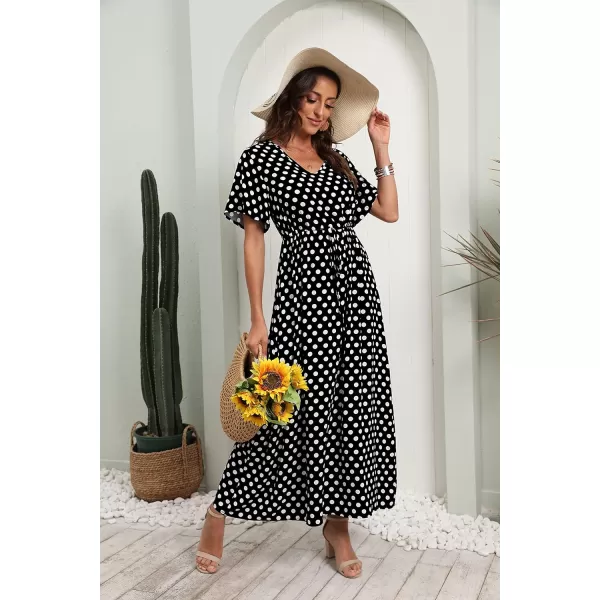 GRECERELLE Women Boho Summer Floral Print Loose Casual Dress V Neck Short Sleeve Drawstring Waist Flowy Long Maxi Dresses