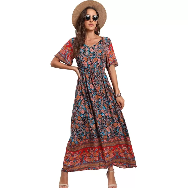 GRECERELLE Women Boho Summer Floral Print Loose Casual Dress V Neck Short Sleeve Drawstring Waist Flowy Long Maxi Dresses