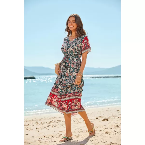 GRECERELLE Women Boho Summer Floral Print Loose Casual Dress V Neck Short Sleeve Drawstring Waist Flowy Long Maxi Dresses