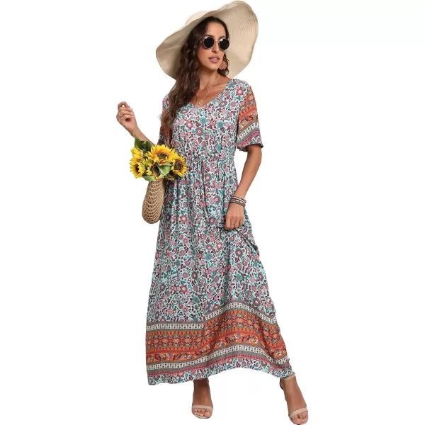 GRECERELLE Women Boho Summer Floral Print Loose Casual Dress V Neck Short Sleeve Drawstring Waist Flowy Long Maxi Dresses