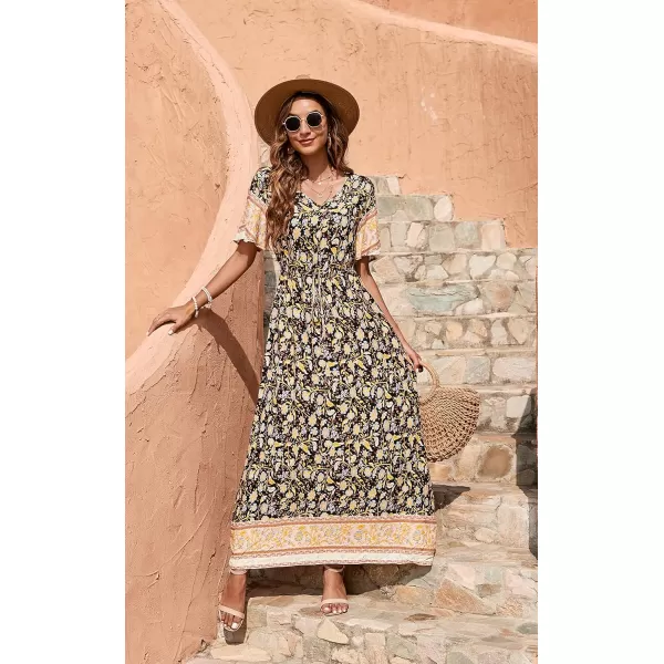 GRECERELLE Women Boho Summer Floral Print Loose Casual Dress V Neck Short Sleeve Drawstring Waist Flowy Long Maxi Dresses