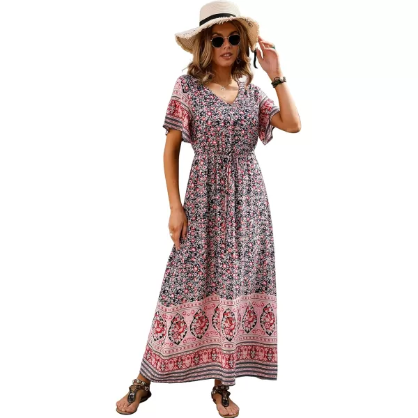 GRECERELLE Women Boho Summer Floral Print Loose Casual Dress V Neck Short Sleeve Drawstring Waist Flowy Long Maxi Dresses