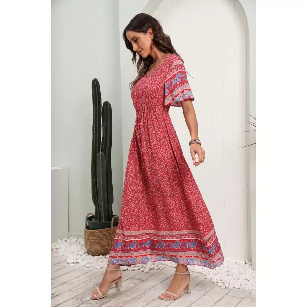 GRECERELLE Women Boho Summer Floral Print Loose Casual Dress V Neck Short Sleeve Drawstring Waist Flowy Long Maxi Dresses