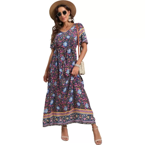 GRECERELLE Women Boho Summer Floral Print Loose Casual Dress V Neck Short Sleeve Drawstring Waist Flowy Long Maxi Dresses