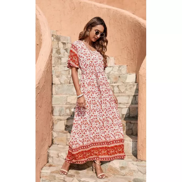 GRECERELLE Women Boho Summer Floral Print Loose Casual Dress V Neck Short Sleeve Drawstring Waist Flowy Long Maxi Dresses