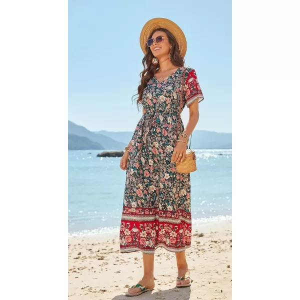 GRECERELLE Women Boho Summer Floral Print Loose Casual Dress V Neck Short Sleeve Drawstring Waist Flowy Long Maxi Dresses